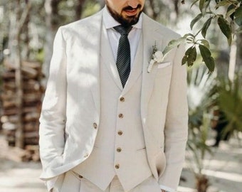 Beige Linen 3-Piece Suit: Stylish Groom/Groomsmen Wedding Suit