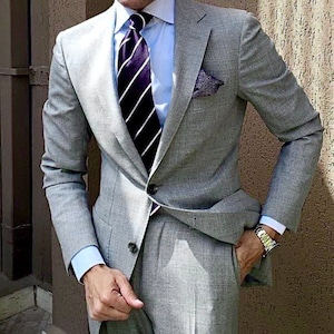 Men&#39;s Light Grey Linen Suit: Classy Two Piece Wedding Groom Wear