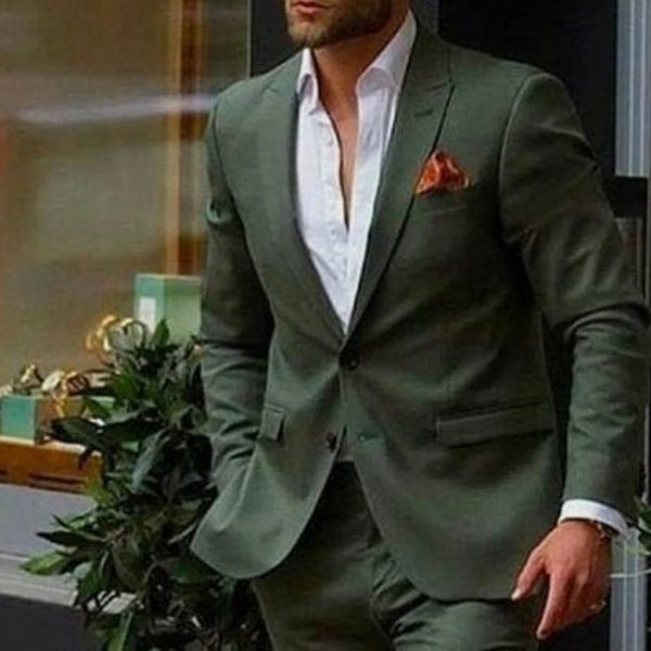 Best Color Matching Man's Wedding Suit Dark Green 2 Pieces Slim Fit Men's Suits
