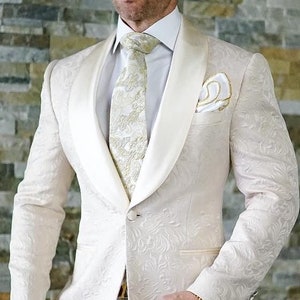 Menista Men's Elegant Ivory Jacquard Tuxedo Two Piece Slim Fit Suit