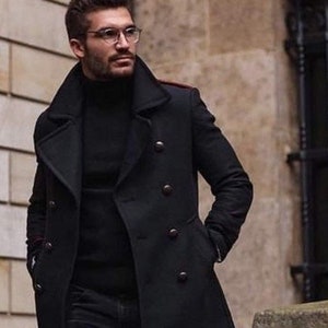 Gabardina de lana negra Menista, abrigo largo de doble botonadura.