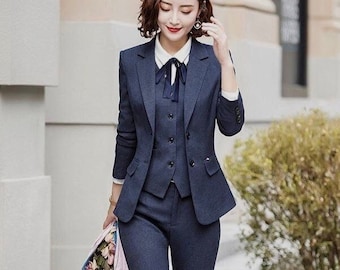 Women Bespoke Slim Fit Three Piece Navy Suit for Wedding, Engagement, Winter, and  party wear, Office Wear for Women