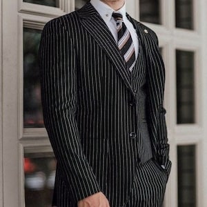 メンズ スリムフィット ブラック スーツ スリーピース (ジャケット