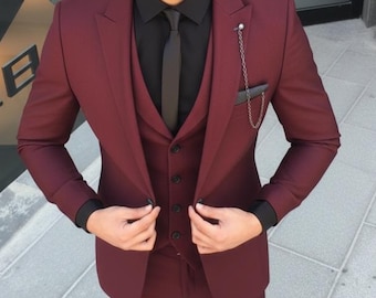 Burgundy Wine Color 3 Piece Wedding Suit for Men | Custom Tailored Burgundy Groom | Luxury Formal Suit