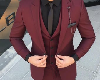Burgundy 3 Piece Wedding Suit for Men | Custom Tailored Groom