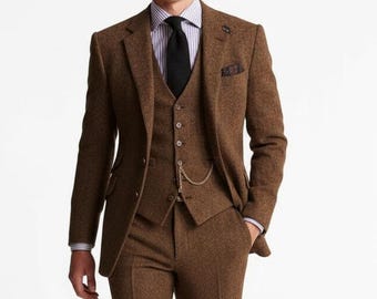 Menista Custom Brown Tweed Wool Suit: Three Piece Groom Wedding Suit
