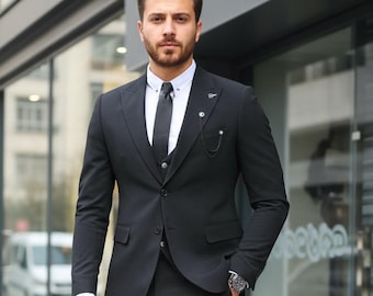 BLACK BIRD TAILOR ブラック ストライプ スリーピーススーツ メンズスリーピーススーツ：ブラックストライプスリムフィット（結婚式