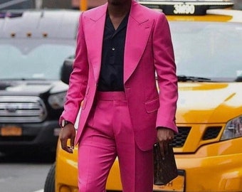 Hot Pink Bell Bottom Pants Suit Set With Blazer, Tall Women Pink