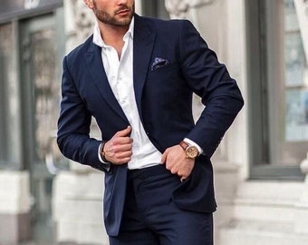 Fashion (Navy)Male Suit Sets Slim 3-piece Suit Business Formal Wedding Suits  For Men Party Jacket Two Piece Pants Men Clothes Droshipping RA