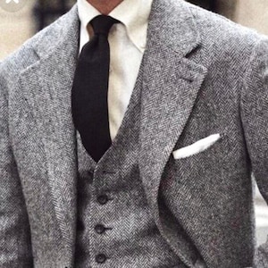 Menista Herringbone Tweed Wool Three Piece Vintage Style Grey Mens Suit for Wedding, Winter, Groom wear and Groomsmen Suits