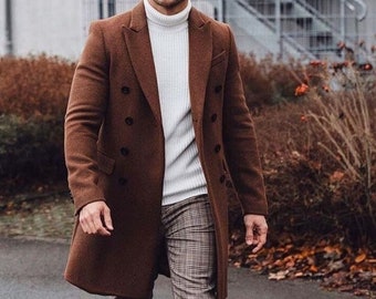 Men's Handmade Brown Wool Trench Coat: Stylish Winter Overcoat
