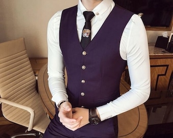 Menista Men Custom Purple Waistcoat with Adjustable Back Belt and V Shape Style Gift For Engagement, Groom wear and Groomsmen Suits