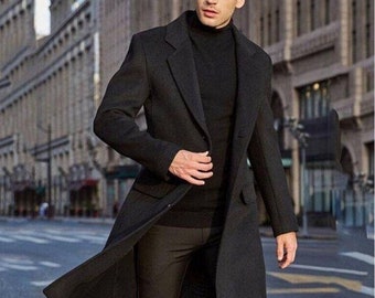 ネイビーウールロングコート - スリムフィット ダブルブレスト メンズ