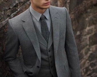 Costume homme en laine à chevrons et tweed : trois pièces gris de style vintage