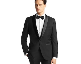 Menista Suit Premium 100% Wool Two-Piece Black Tuxedo Men&#39;s Suit for Wedding, Prom, Groom Wear, and Groomsmen Suits