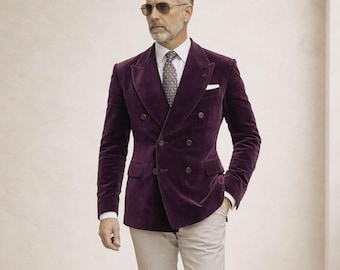 Men's Deep Plum Velvet Double Breasted Suit Jacket | Luxury Aubergine Blazer Formal Wear
