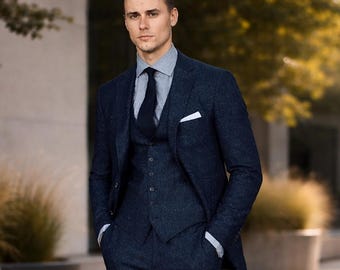 Menista Navy Three Piece Suit: Slim Fit Bespoke Groom Suit