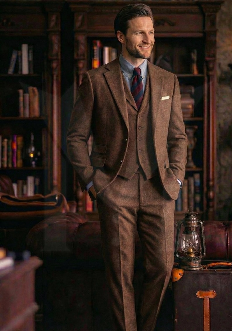 Tailored Brown Tweed Suit: Men's 3-Piece Wedding Groom Wear image 8