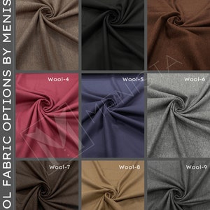 May include: Nine fabric swatches in different colors and textures, labeled Wool-1 through Wool-9.  The swatches are arranged in three rows of three.
