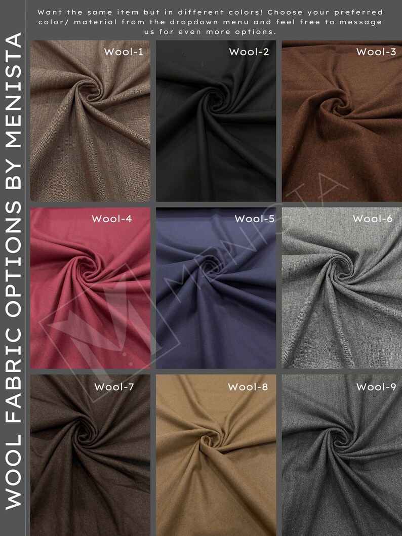 May include: Nine fabric swatches in different colors and textures, labeled Wool-1 through Wool-9.  The swatches are arranged in three rows of three.