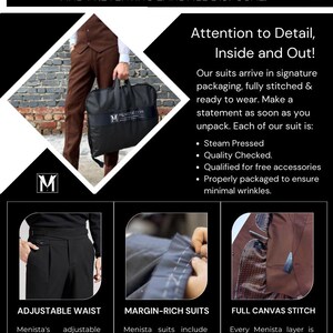 May include: An informational graphic for Menista suits featuring text about sustainable production, packaging, and garment details. It displays a brown suit, a black garment bag, adjustable waist trousers, extra fabric margins, and a full canvas stitch interior.