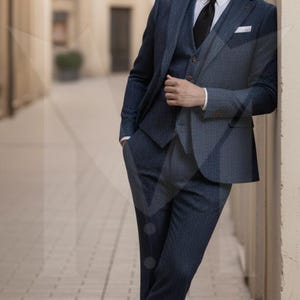 Herringbone Tweed Wool Three-Piece Suit: Vintage Style Grey Mens Formal Wear image 4