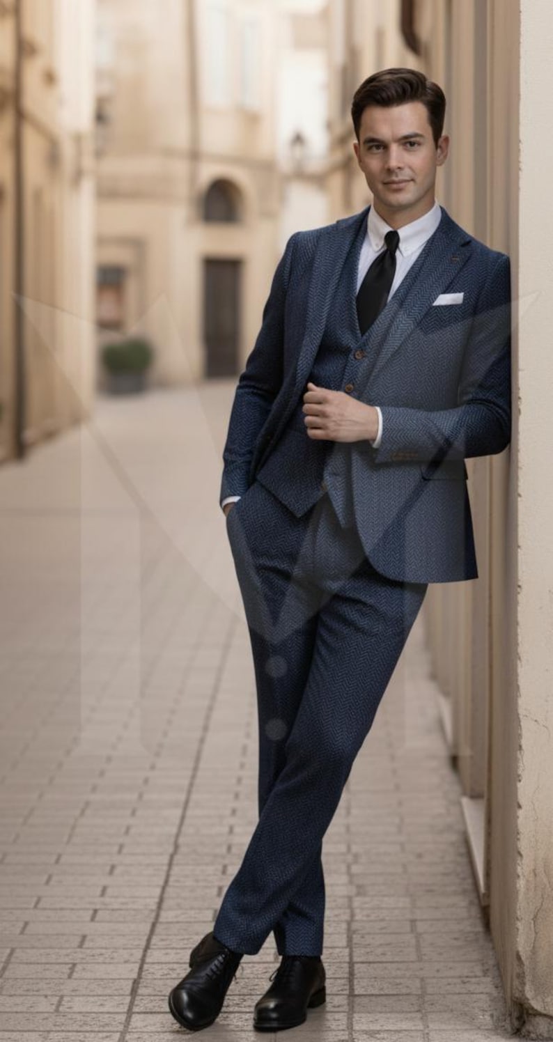 Herringbone Tweed Wool Three-Piece Suit: Vintage Style Grey Mens Formal Wear image 4