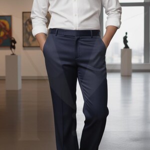 Skräddarsydda byxor med knappar: Herrbyxor med smal passform och utsvängda byxor Rayon Navy Blue
