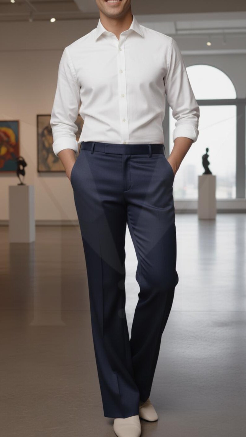 Skräddarsydda byxor med knappar: Herrbyxor med smal passform och utsvängda byxor Rayon Navy Blue
