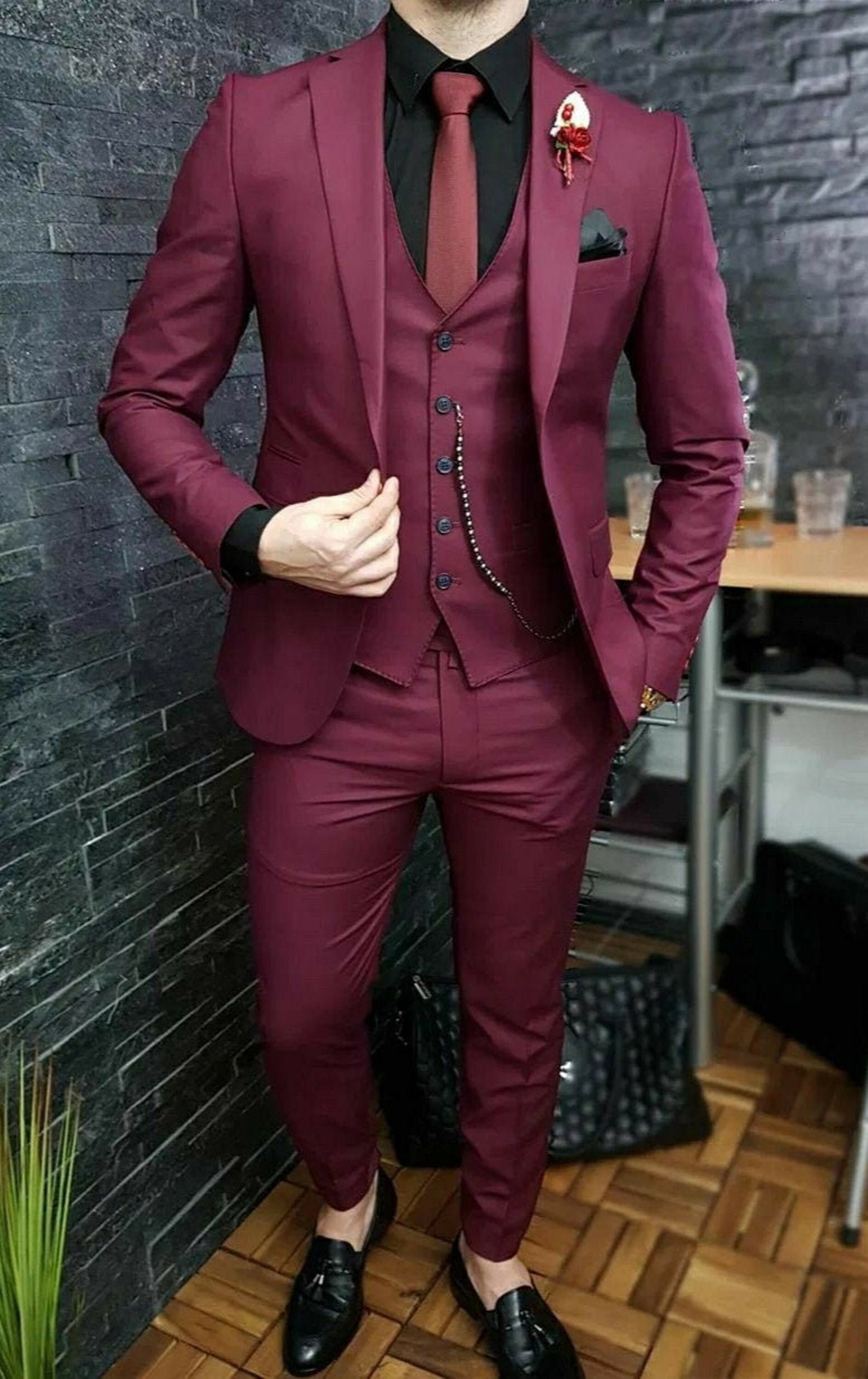 Menista Custom Suit Trendy Slim Fit Three Piece Burgundy Mens - Etsy