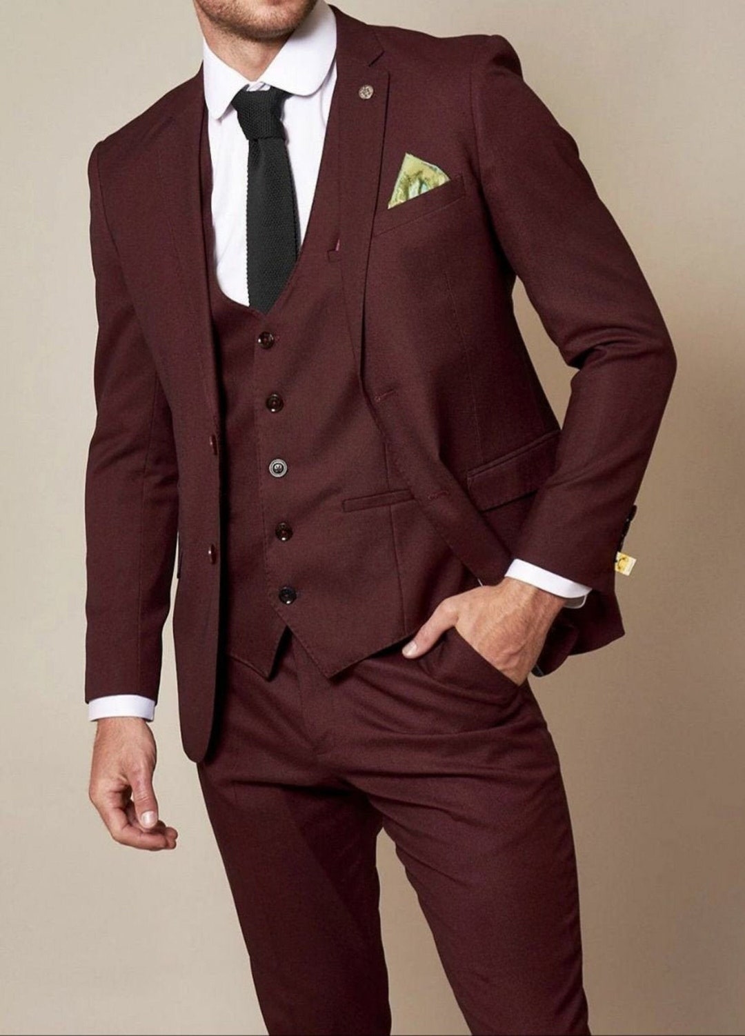 Buy Wine Men's Suit: Elegant Three Piece Wedding Groom Suit