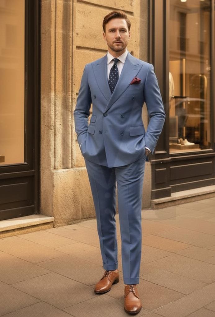 ブラウンのダブルブレストスーツ：上品なツーピースのメンズ