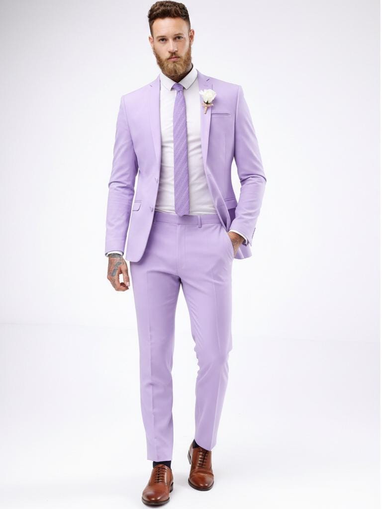 prom couples light purple prom suits Menista Custom Two Piece Suit, Light Lavender Purple, Wedding Prom Groom Wear