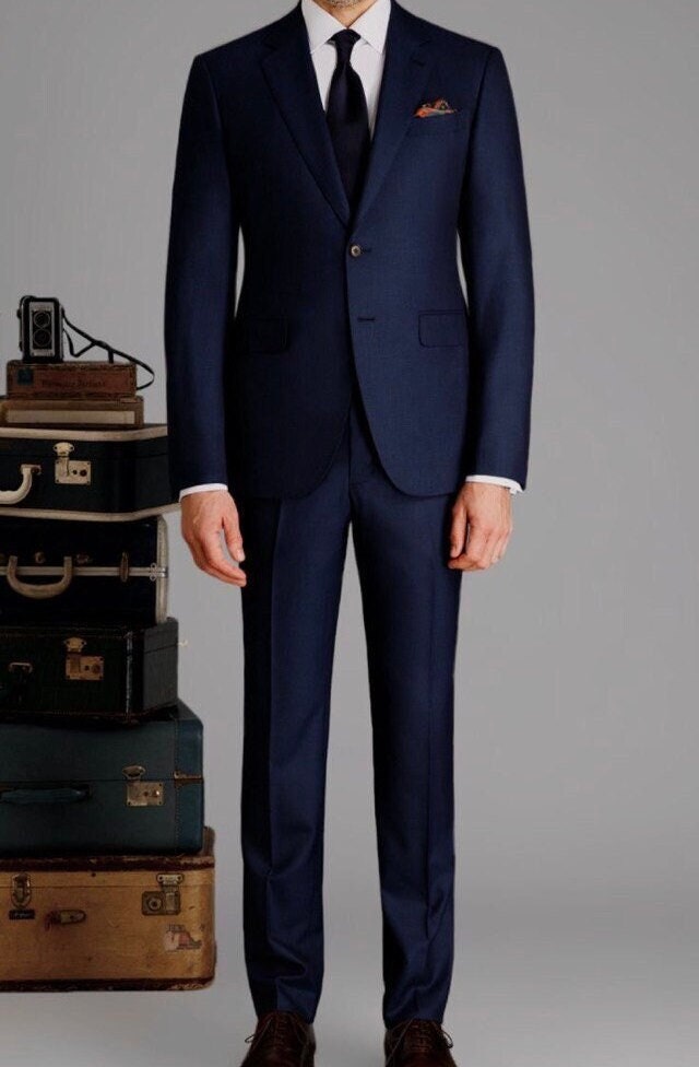 Menista Suit Premium 100% Pure Wool Stylish Two-Piece Navy Men's Suit for Wedding, Engagement, Prom, Groom Wear, and Groomsmen Suits