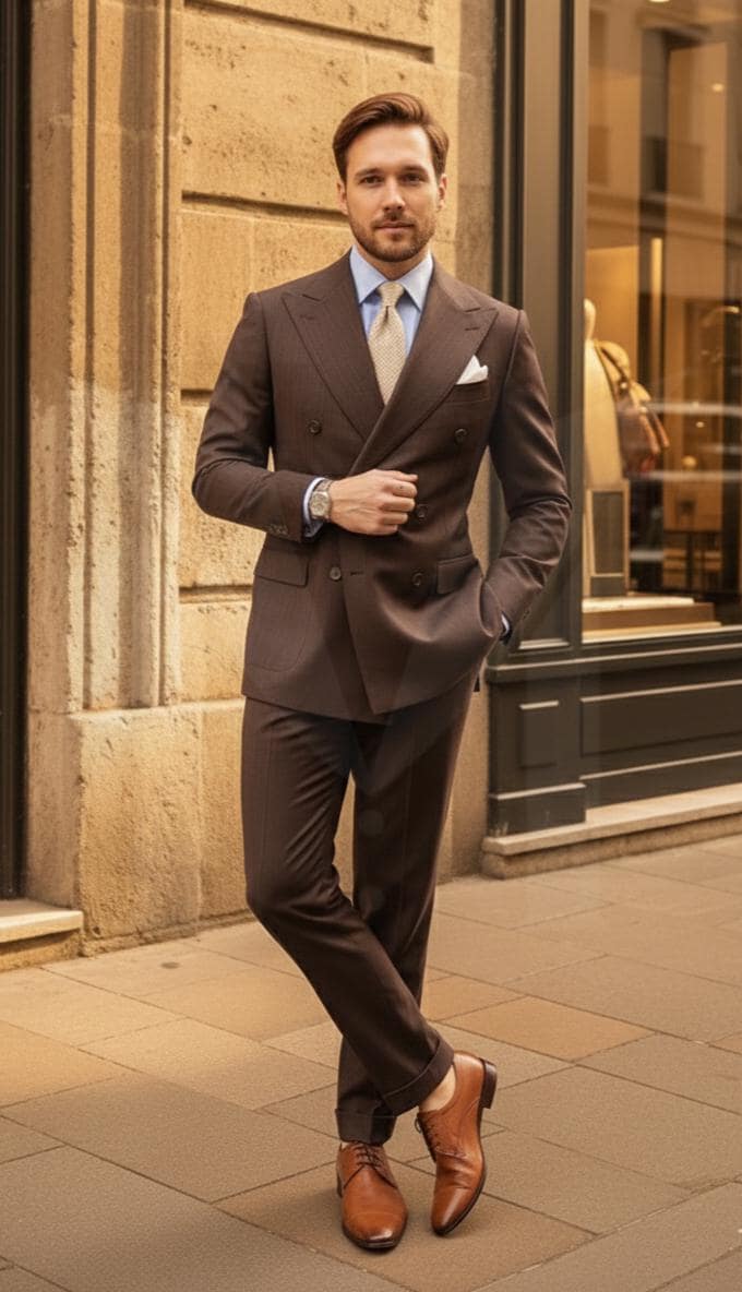 ブラウン ダブルブレスト ビジネススーツ ブラウンのダブルブレストスーツ：上品なツーピースのメンズ