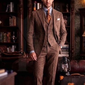 Tailored Brown Tweed Suit: Men's 3-Piece Wedding Groom Wear image 3
