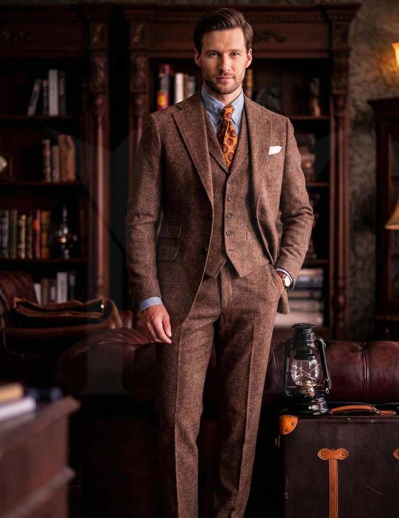 Tailored Brown Tweed Suit: Men's 3-Piece Wedding Groom Wear image 3