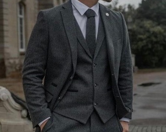Costume slim fit en tweed : trois pièces en laine grise de style vintage