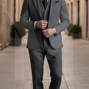 Herringbone Tweed Wool Three-Piece Suit: Vintage Style Grey Mens Formal Wear image 2