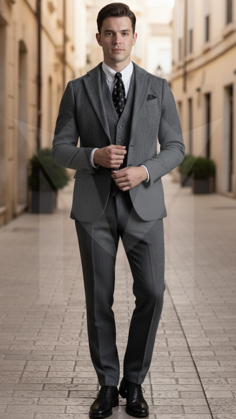 Herringbone Tweed Wool Three-Piece Suit: Vintage Style Grey Mens Formal Wear image 2