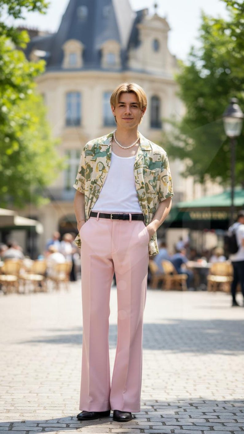 Pantalones blancos de campana para hombre: corte formal a medida. Rayon Blush Pink