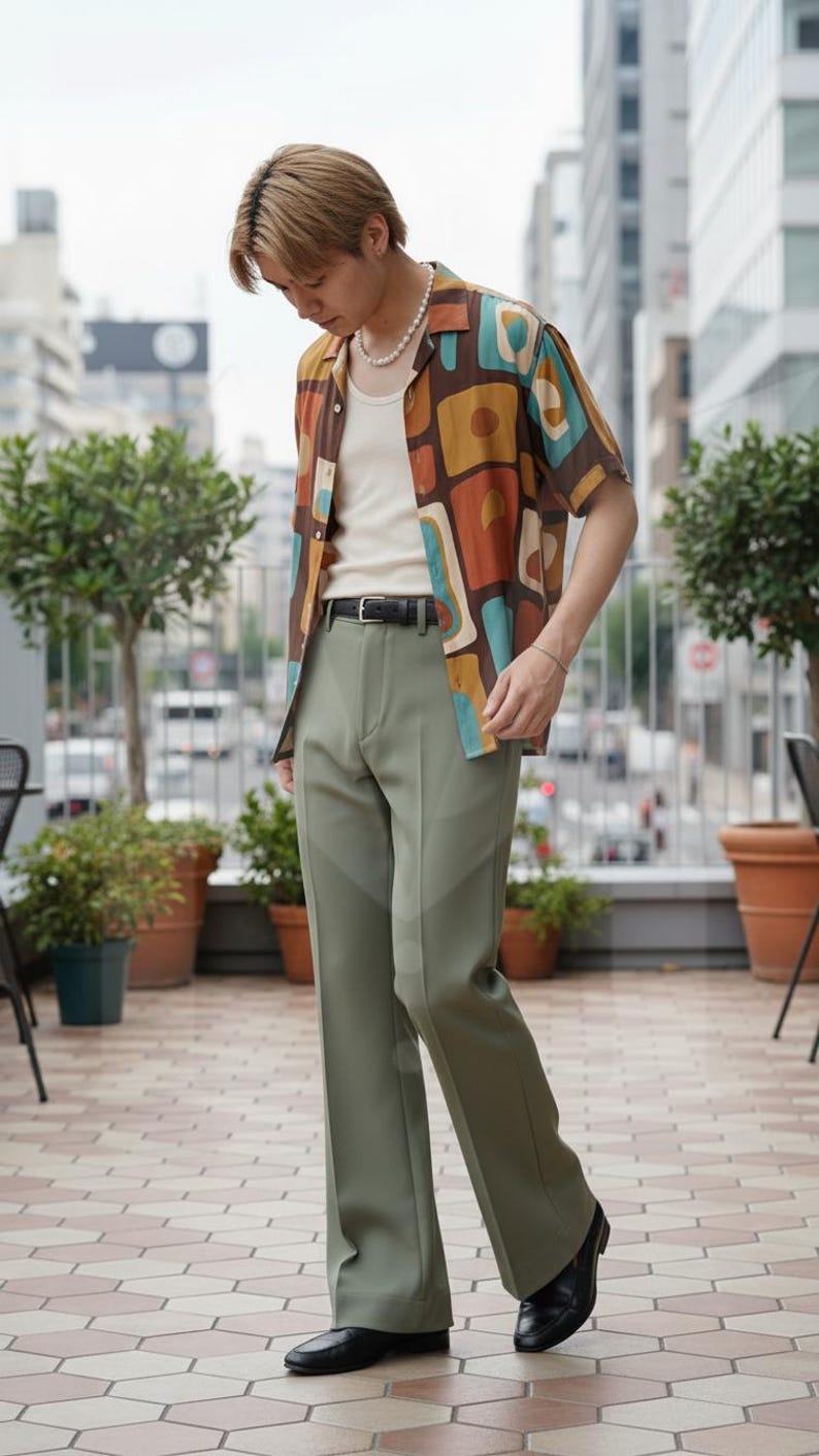 Pantalones blancos de campana para hombre: corte formal a medida. Rayon Sage Green