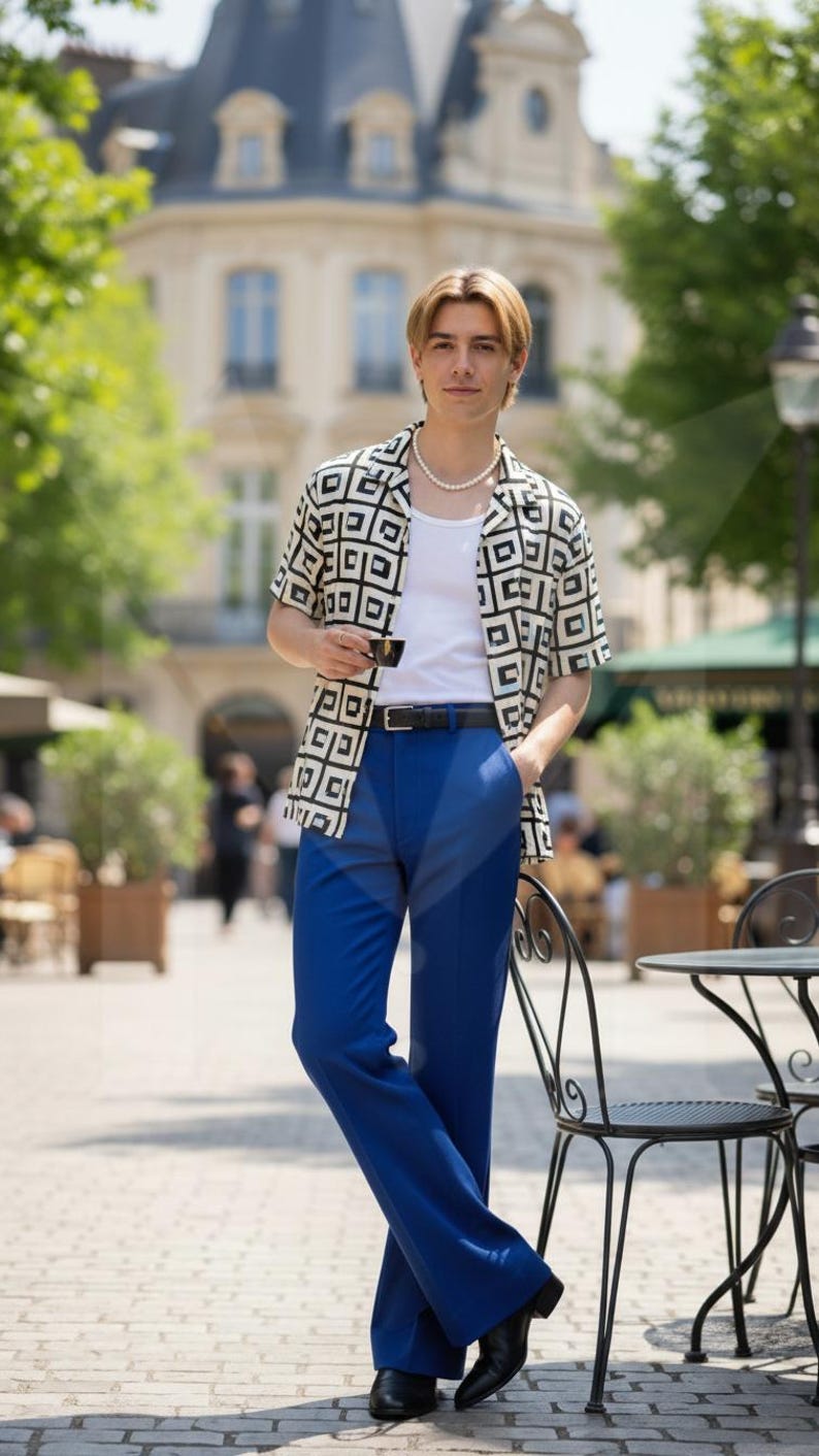 Pantalones blancos de campana para hombre: corte formal a medida. Rayon Cobalt Blue