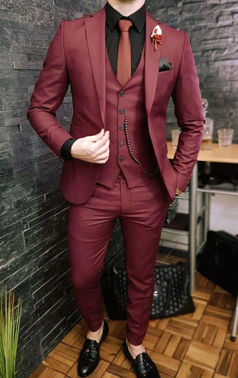Menista Suit Trendy Three Piece Burgundy Men's Suit for Wedding, Engagement, Prom, Party ,Groom wear and Groomsmen Suits Gift for him