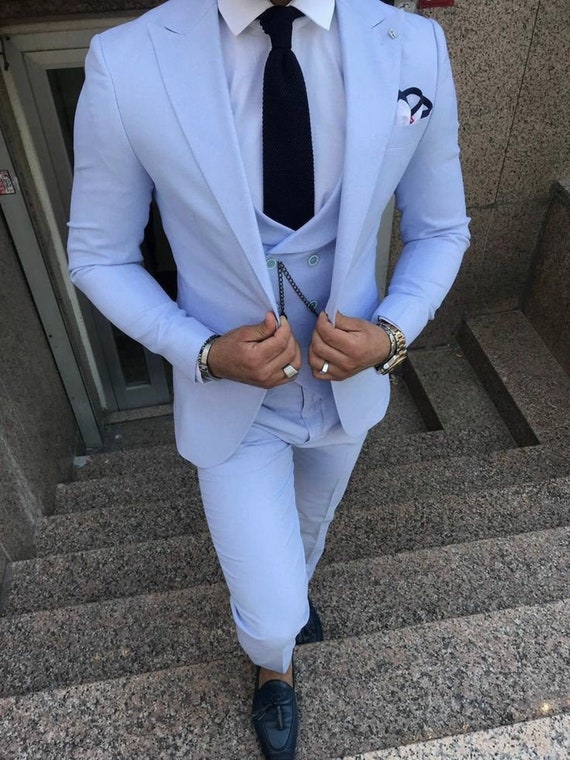 Sky Blue Three Piece Suit: Men's Designer Wedding Groom Suit Sky Blue Three Piece Suit: Men's Designer Wedding Groom Suit