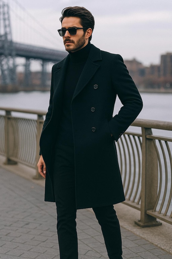 Handmade Premium Black Wool Long Trench Coat, Men's Winter Overcoat