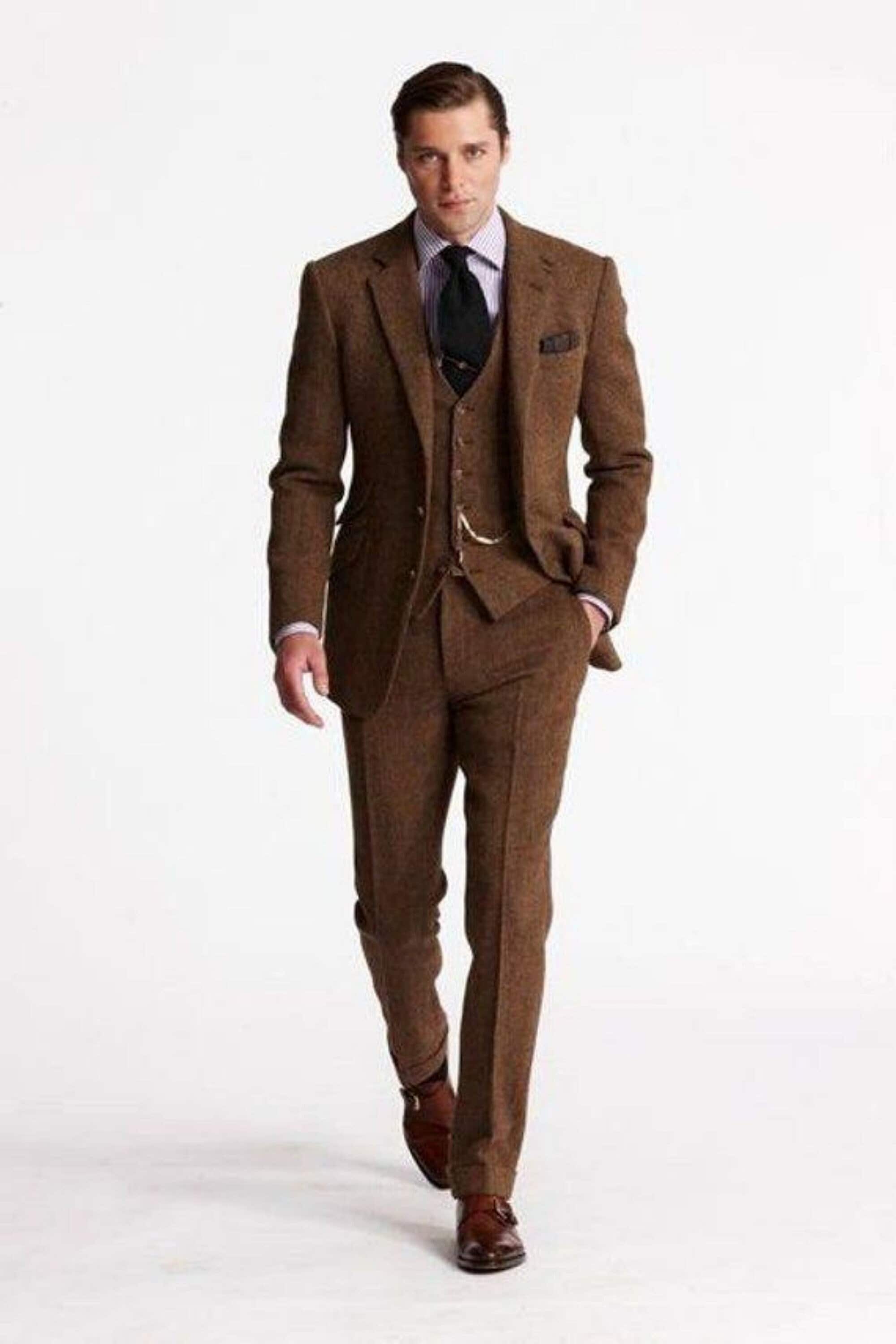 Menista Custom Tweed Wool Three Piece Style Brown Mens Suit for