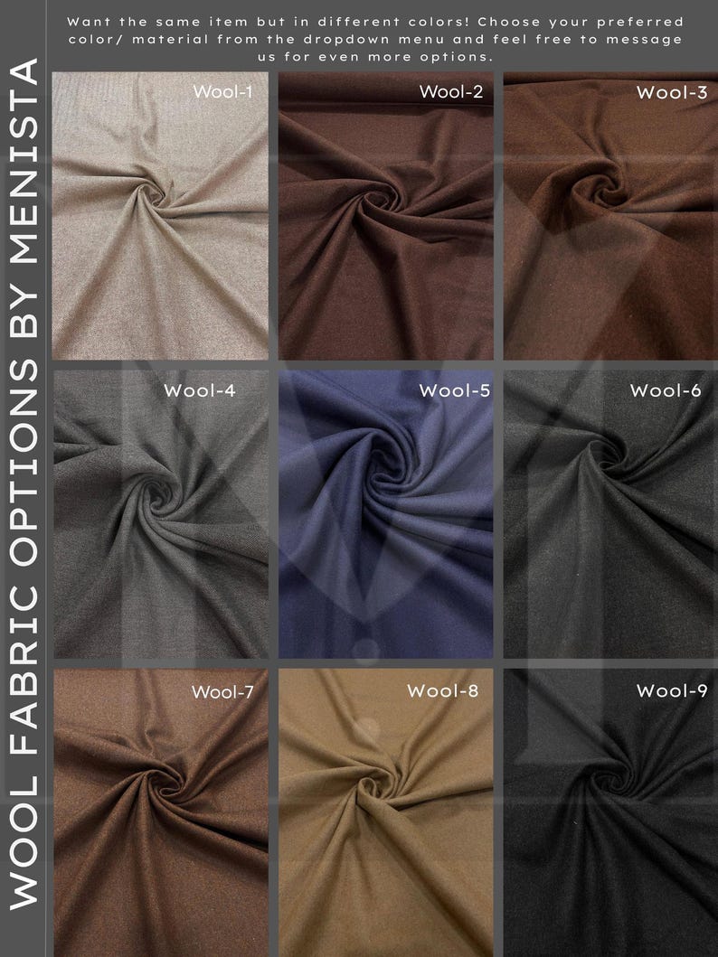 May include: Nine fabric swatches in different colors and textures, labeled Wool-1 through Wool-9. The swatches are arranged in a grid of three rows and three columns.