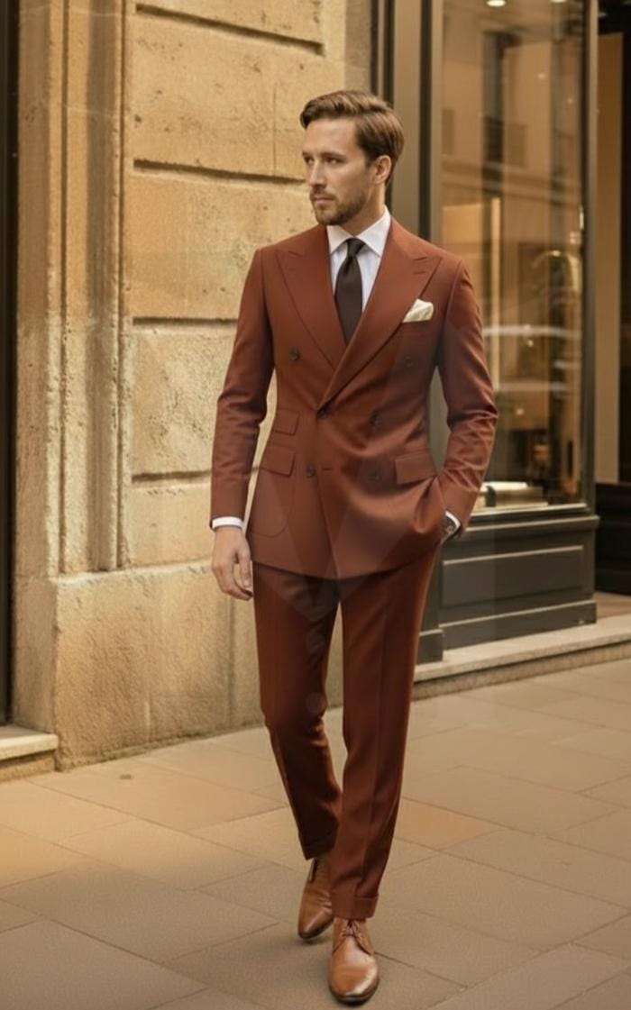 ブラウン ダブルブレスト ビジネススーツ ブラウンのダブルブレストスーツ：上品なツーピースのメンズ