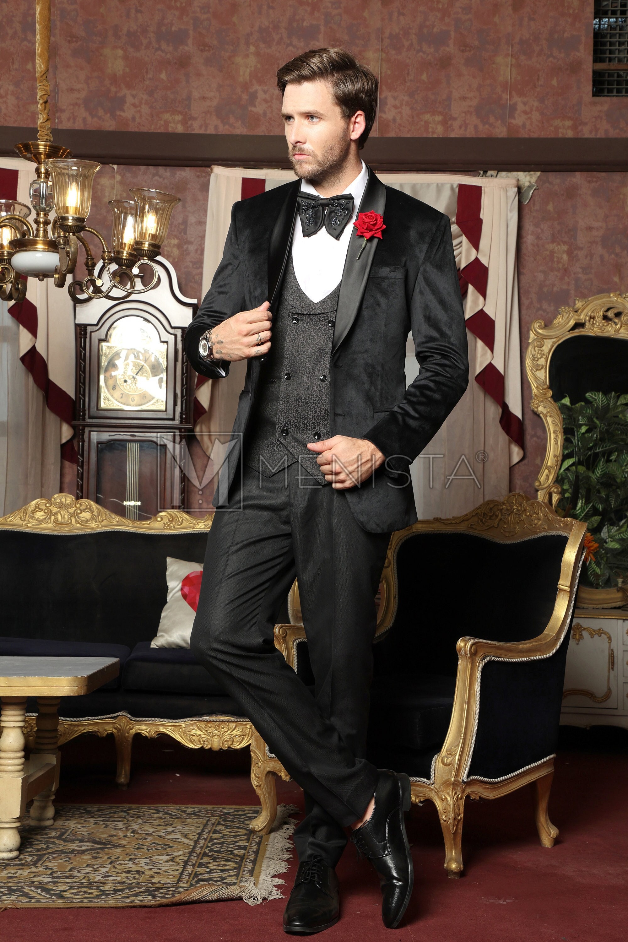 Menista Bespoke Black Velvet Tuxedo: 3-Piece Suit for Groom